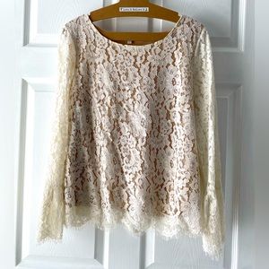 Rose + Olive • Cream Lace Overlay with Tan Cami Bell Sleeve Blouse Size LARGE